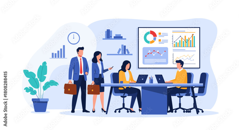 Fototapeta premium Business people working together in an office with charts and graphs on the wall.