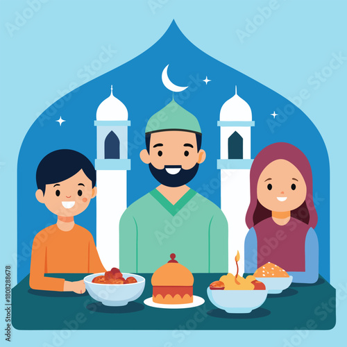 Happy muslim family celebrating ramadan or eid al fitr together with traditional food against a mosque silhouette in the background at night