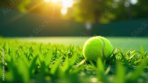 A vibrant tennis ball rests gently in the lush green grass, bathed in the warm glow of the setting sun, a tranquil scene of outdoor recreation