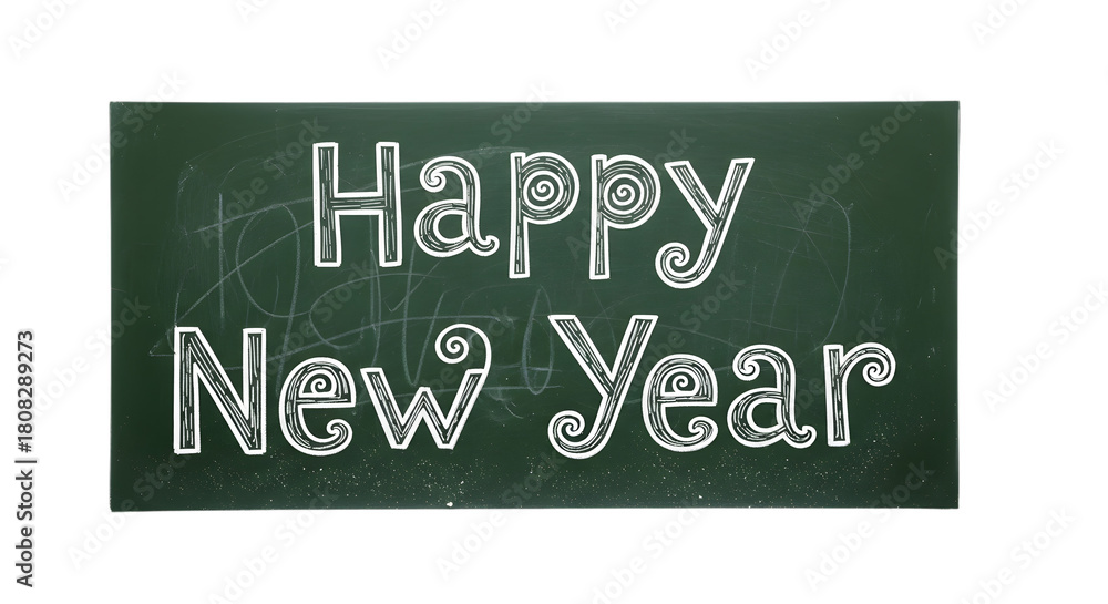 Obraz premium Chalkboard style happy new year greeting written with white chalk isolated on transparent background