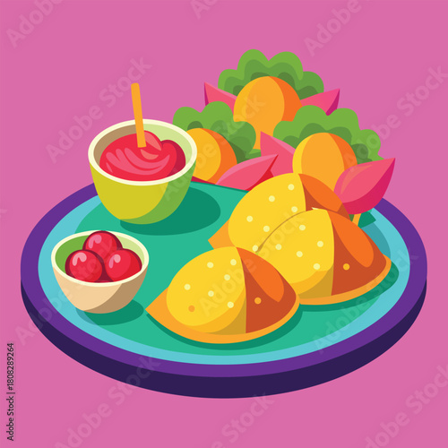 Colorful illustration of samosas with chutney and salad on a plate representing indian cuisine and culinary delights in a vibrant and artistic style