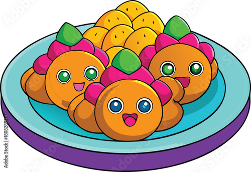 Adorable cartoon food illustration featuring smiling orange character snacks with green toppings served on a light blue plate with purple trim