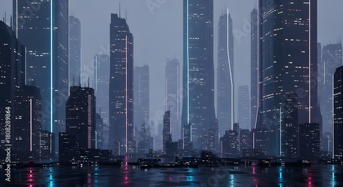 A Dystopian Futuristic City Skyline Emerges from the Mist, Illuminated by Neon Lights