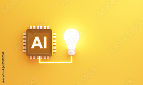 A glowing bulb linked to an AI chip on a yellow background, representing intelligent technology powering new ideas and boosting modern creativity and innovation. 3d rendering.