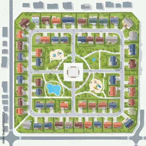 An aerial view showcases a meticulously planned suburban community with houses, parks, roads, and a central gathering space, symbolizing modern living.