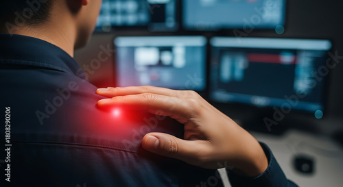 Man with shoulder pain from computer work, hand touching red-highlighted discomfort area in an office setting.