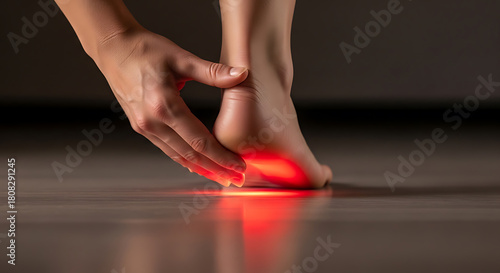 Wallpaper Mural Woman's hand touching painful heel with red glow, symbolizing inflammation, injury, and discomfort. Foot health concept. Torontodigital.ca