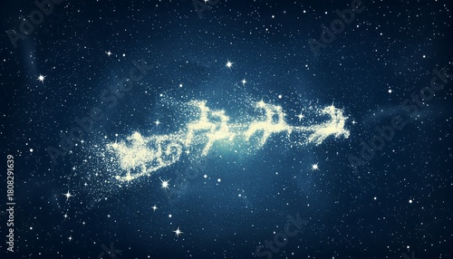 Magical Santa Claus Sleigh with Reindeer Flying Across Starry Night Sky - Celestial Christmas Background with Glowing Light Particles