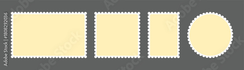 Postage stamps Blank postcard and letter stamp templates collection, scalloped frames. Rectangular, square, and circular blank frames