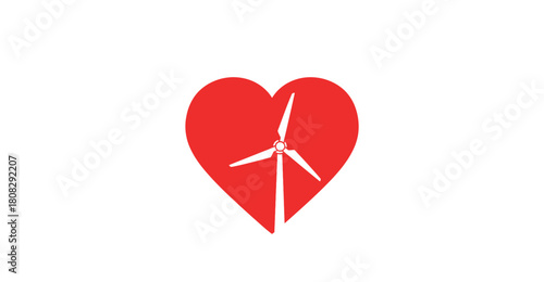 Renewable Energy Symbol: A heart-shaped emblem, vividly red, cradles a wind turbine, symbolizing an affinity for sustainable, clean energy, echoing a commitment to environmental stewardship.
