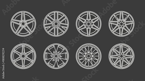 Set of eight different modern car alloy wheel designs for automotive customization