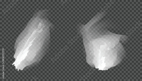 Transparent white cloud shapes. Isolated on checkered background. Realistic fog and smoke shapes