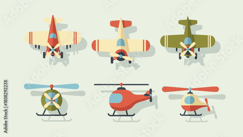 Colorful Collection of Airplanes and Helicopters A Vector Illustration Set