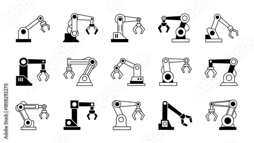 Set of industrial robot arms icons Automation, technology, and manufacturing concepts