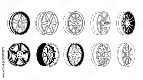 Assortment of Car Wheel Rims A Diverse Vector Set for Design and Illustration