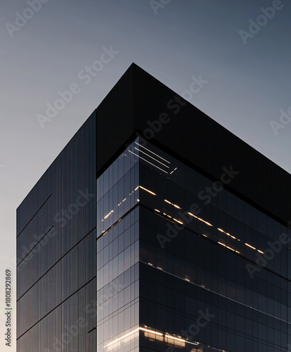Sleek black facade of modern high rise office building at dusk