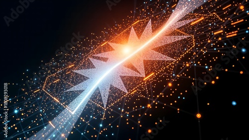 Fototapeta Naklejka Na Ścianę i Meble -  digital particle light beam star burst explosion, duality mirrored energy network connectivity and dynamic motion movement