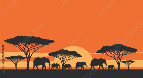Herd of African elephants walking in savanna at sunset, minimalist vector illustration of wildlife family, safari landscape, and nature conservation