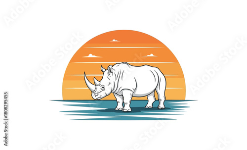Rhino at Sunset: A majestic rhino silhouette stands proud against a vibrant orange sunset, its horn a symbol of strength and resilience, while the ocean evokes a sense of vastness.