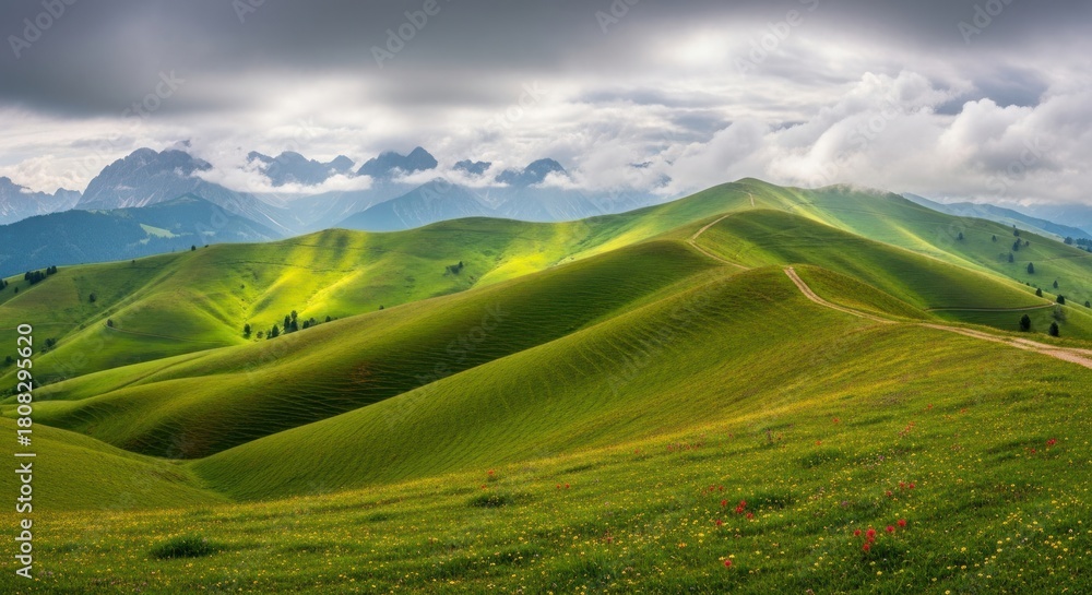 Obraz premium Soft and misty landscape of mountains covered with soft grass