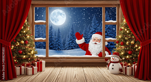Santa claus waving from a snowy window on christmas eve