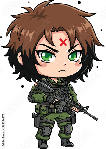 Chibi soldier, cartoon military, tactical gear, assault rifle, cute warrior, green uniform, anime fighter, combat pose, character design, white background