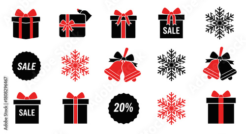 Festive Icons: A collection of various Christmas illustrations, featuring gift boxes, snowflakes, and festive bells, embodying the joy of the holiday season and special offers.