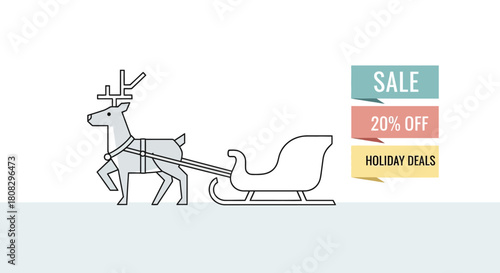 Holiday Sleigh Ride with Offers: A minimalist illustration captures a festive scene, reindeer pulling a sleigh, accompanied by sale and discount labels. perfect for holiday promotions.