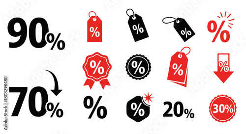 Discount symbols: This visual asset features diverse discount symbols with various percentages, offering a clear and concise representation of price reductions for promotional marketing materials.