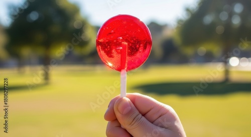 Hand Holding Red Lollipop Outdoors, Candy, Sweet, Park