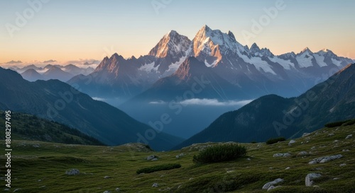 Majestic Alpine Peaks Bathed in Golden Hour Light, Mountain, Summit, Range