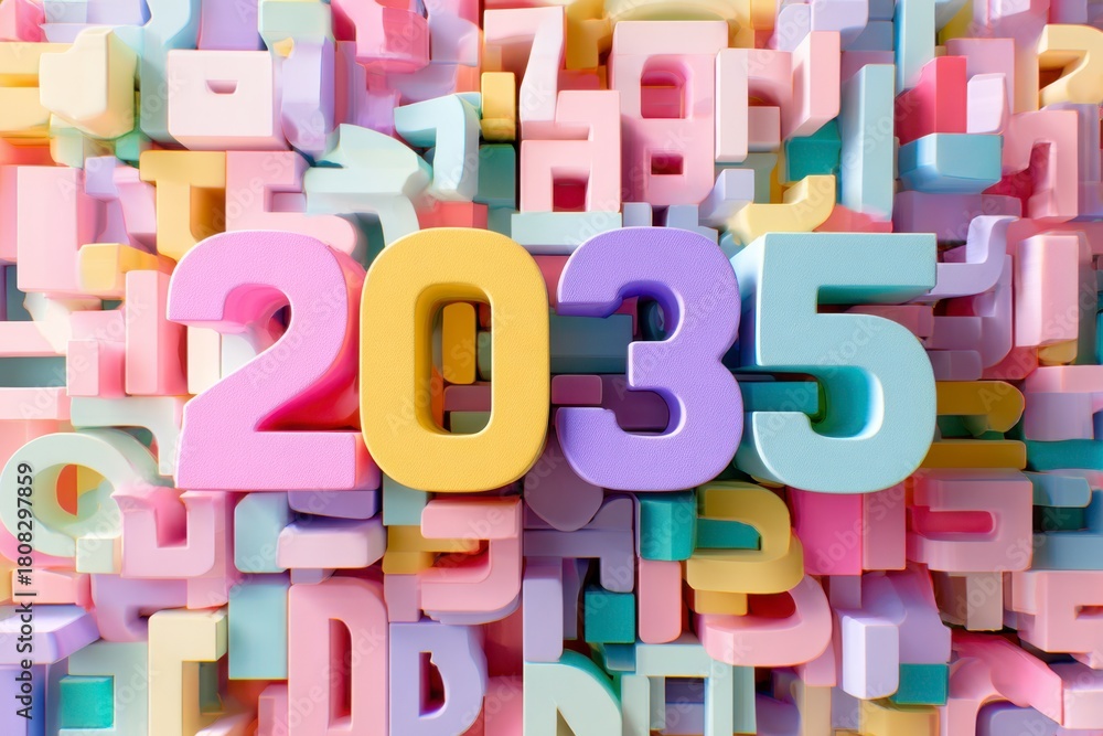 Fototapeta premium Colorful 2035 Numbers Surrounded by Playful Letters in Background