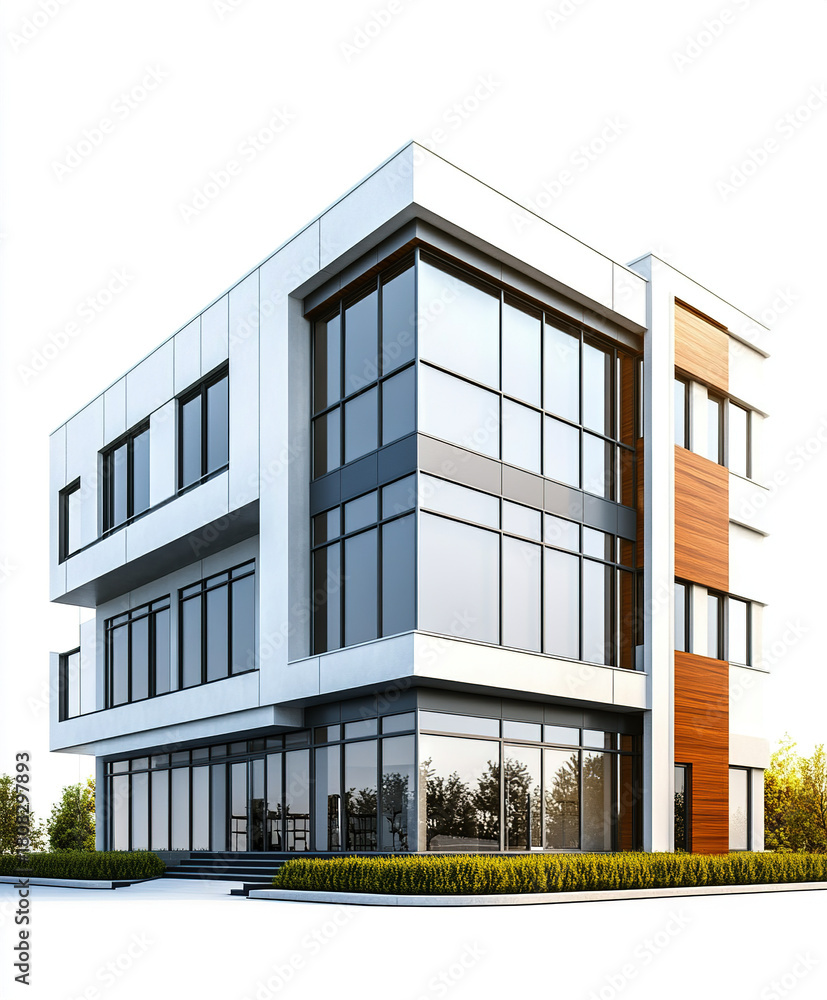 Fototapeta premium Modern urban office building with industrial accents and mixed materials