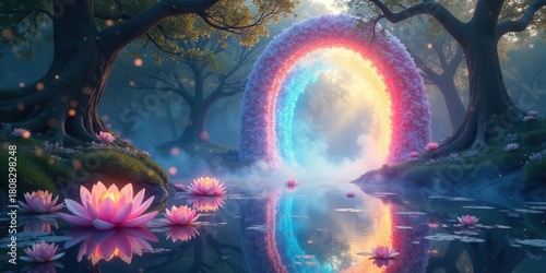 Enchanted Forest Pond with a Luminous Floral Archway, Reflecting in Serene Waters