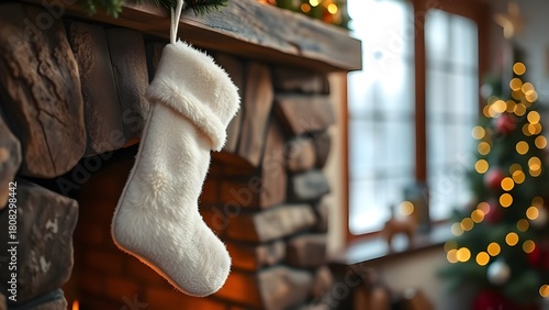 white christmas stocking hanging near a fireplace