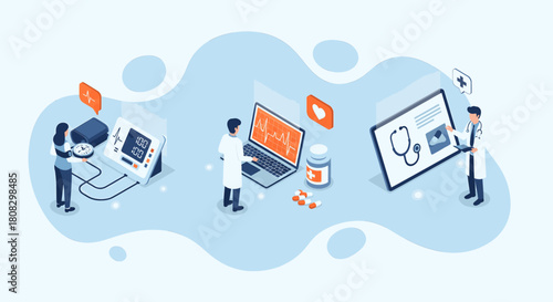 Isometric illustration depicting doctors using technology for remote patient monitoring, telemedicine, and online healthcare services, showcasing modern medical practices