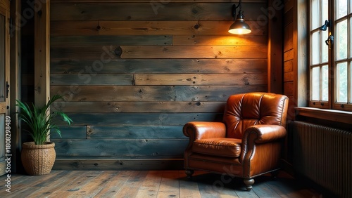 Rustic interior design featuring a leather armchair, illuminated by a wall-mounted lamp, nestled in a room with a rich wooden wall and hardwood floor, complemented by a potted plant.