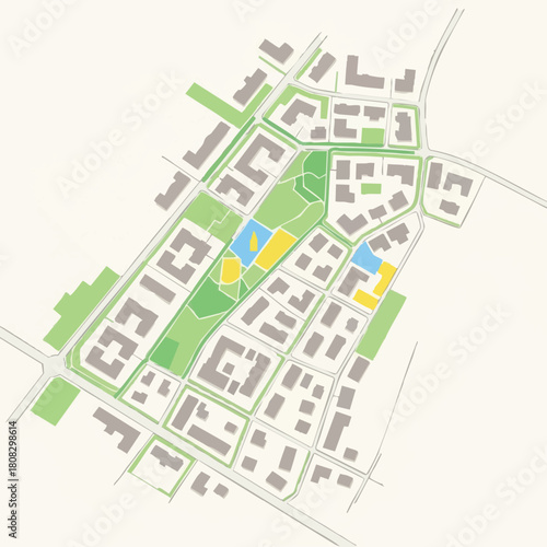 An aerial view showcases a detailed urban planning map, illustrating residential areas, green spaces, and infrastructure for city development.