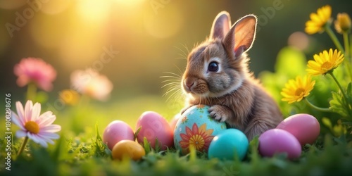 Adorable baby bunny surrounded by colorful eggs and springtime blossoms in a vibrant meadow