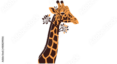 Whimsical giraffe illustration with tree branches on head, perfect for nature-themed designs, children's books, and creative projects, a unique wildlife concept