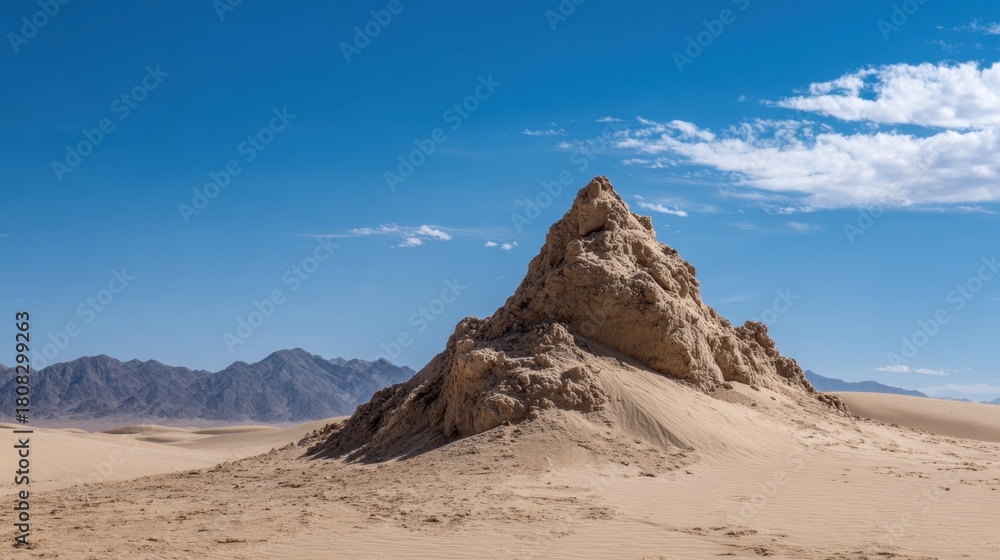 Fototapeta premium A tall sand formation stands majestically against a backdrop of distant mountains under a bright blue sky. Warm sunlight highlights the unique texture of the desert.