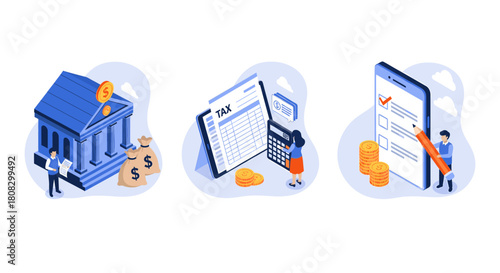 Isometric illustration of tax payment and financial management, featuring a bank building, tax form, calculator, and online survey, isolated on