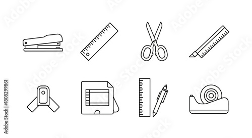 Office Supplies Collection: A diverse array of office tools, meticulously arranged, representing essential instruments for daily work and creative processes, perfect for a dynamic work environment.