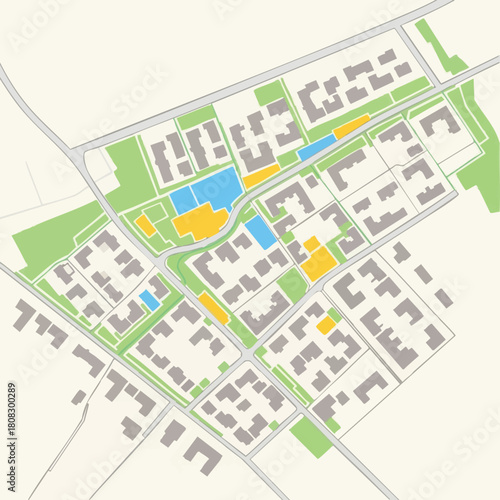 A detailed architectural plan showcases a vibrant urban layout with residential buildings, roadways, and green spaces, illustrating efficient city planning.