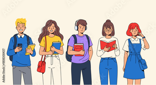 A diverse group of college students standing together, each holding books or using technology, showcasing the spirit of education and learning in a modern setting