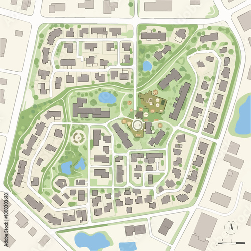 An aerial view showcases a detailed architectural plan of a modern residential community with green spaces, roads, and diverse buildings.