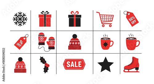 Festive Holiday Icons: A vibrant arrangement of festive icons, including snowflakes, gift box, shopping cart, sale tag, mitten, knitted hat, mug, star, skate and other holiday elements.