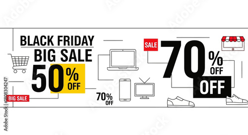 Black Friday Big Sale Banner: a graphical composition of shopping cart, computer, smartphone, television, shoes indicating a discount up to 70%.