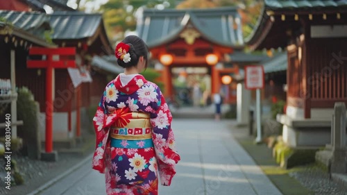 A woman in a beautiful traditional Japanese kimono walks gracefully through a serene historic shrine, capturing the essence of cultural travel and ancient Japanese heritage amidst serene architecture.