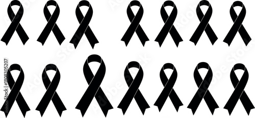 Set of black awareness ribbon silhouettes, mourning symbols for funeral and memorial services, and simple vector design elements